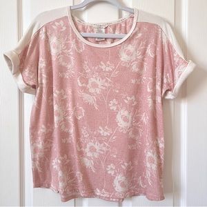 Lucky Brand CA Floral Pink and White Tee, Soft Fabric, Flowy Top Size L